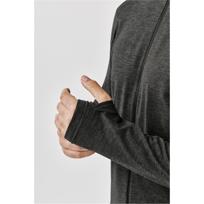 A grey performance jacket with long sleeves, featuring thumbholes for added comfort. The jacket has a logo.