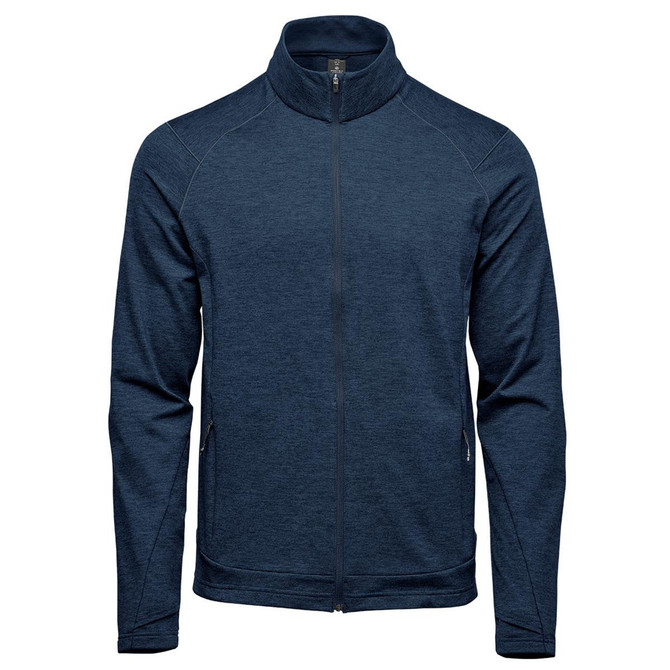 A navy blue men's performance jacket with a zip front and side pockets, featuring a collar and branding.