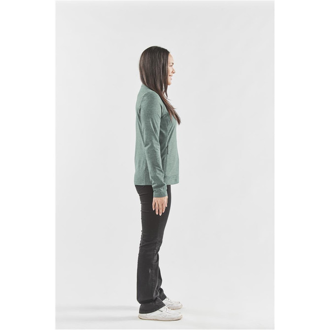 A green women's jacket is displayed on a model standing sideways against a plain background.