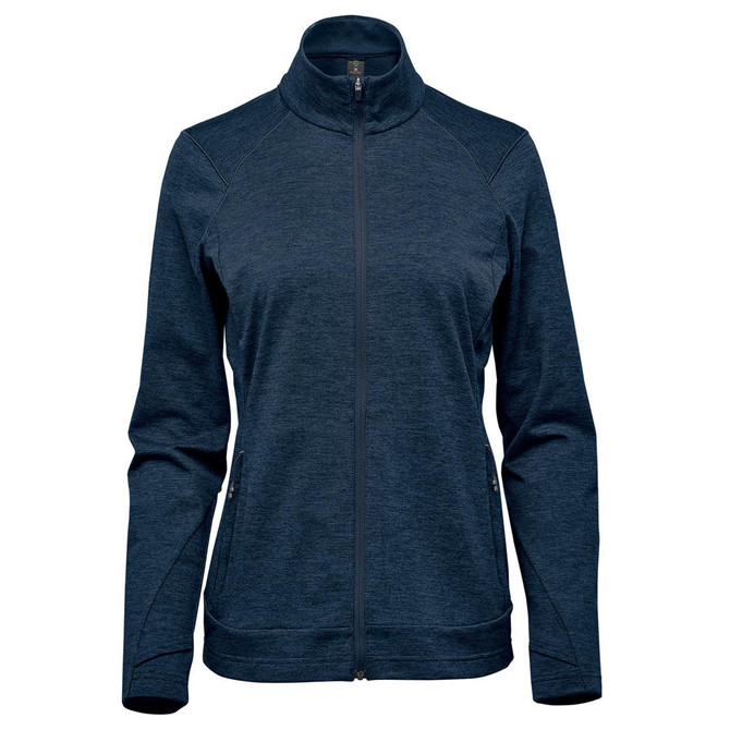A navy women's performance jacket featuring a full zip and a high collar, with two side pockets and a logo.