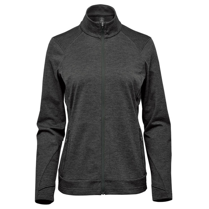 A women's performance jacket in dark grey with a zip front and high collar, featuring a logo on the chest.