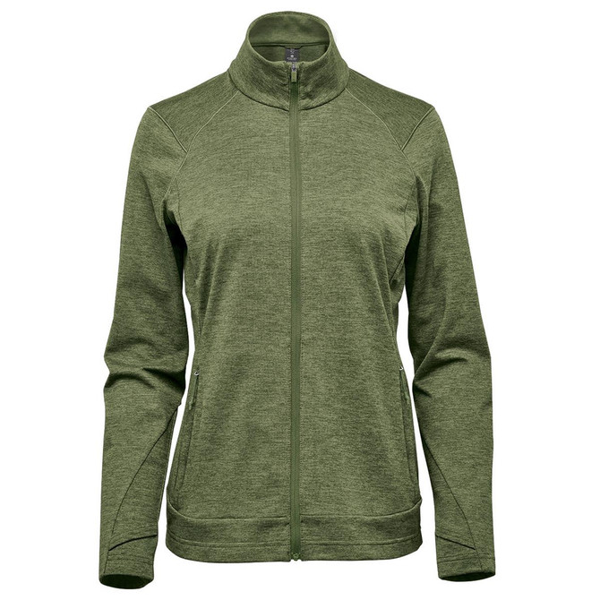 A green women's performance jacket featuring a high collar and zip-up front, with side pockets and a branded logo.