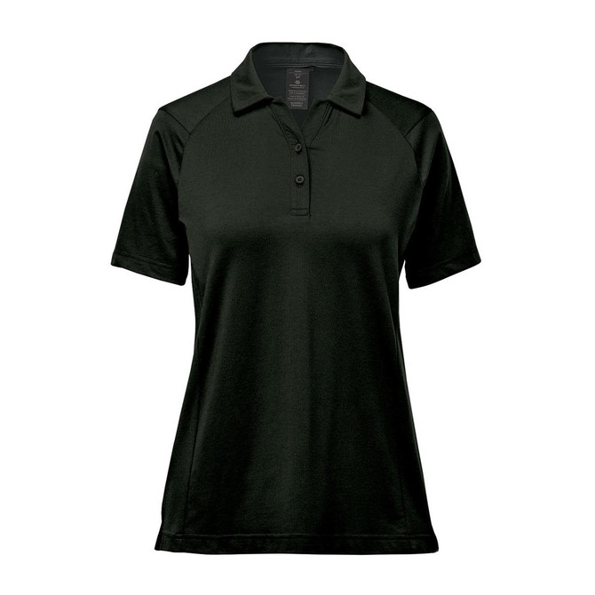 A women's polo shirt in dark green with a classic collar and short sleeves. Features a logo.