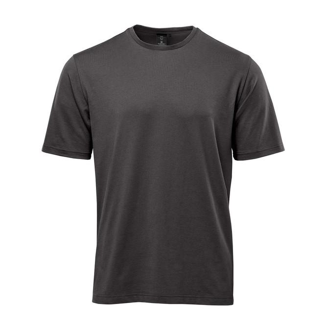 A grey men's t-shirt with short sleeves, featuring a logo on the design.
