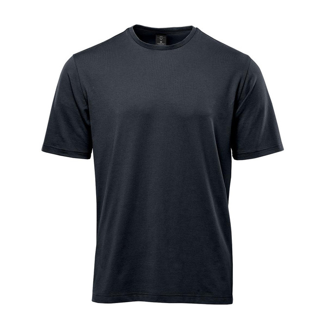 A black men's t-shirt with short sleeves and a crew neckline, featuring a logo.