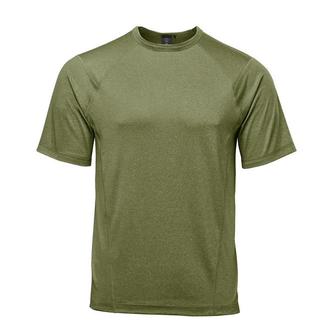 A green men's t-shirt featuring short sleeves and a logo on the front, designed for comfort.