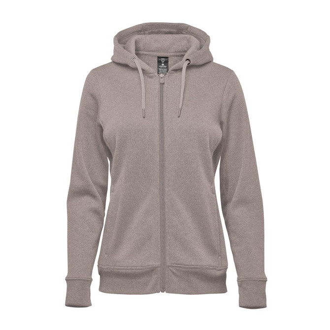 A women's full zip hoodie in a light beige colour, featuring a hood and front pockets. It has a logo on the chest.