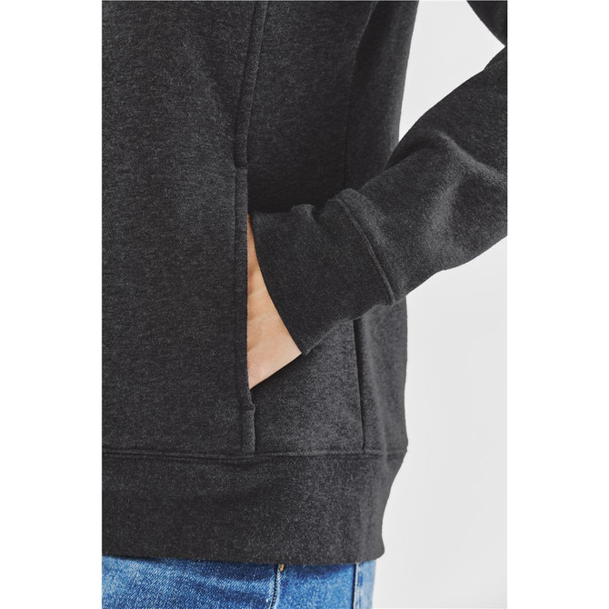 A black fleece hoodie featuring side pockets and a close-up view of the sleeve and hem.