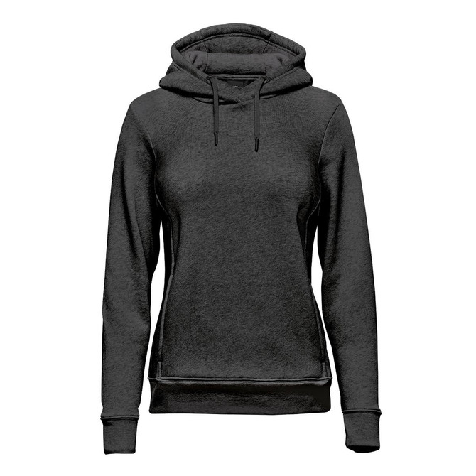 A black women's fleece pullover hoody with a hood and a logo on the front.