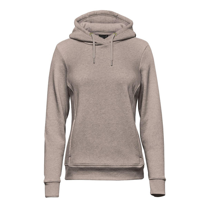 A women's hooded pullover in a light grey colour, featuring a simple design and a logo.