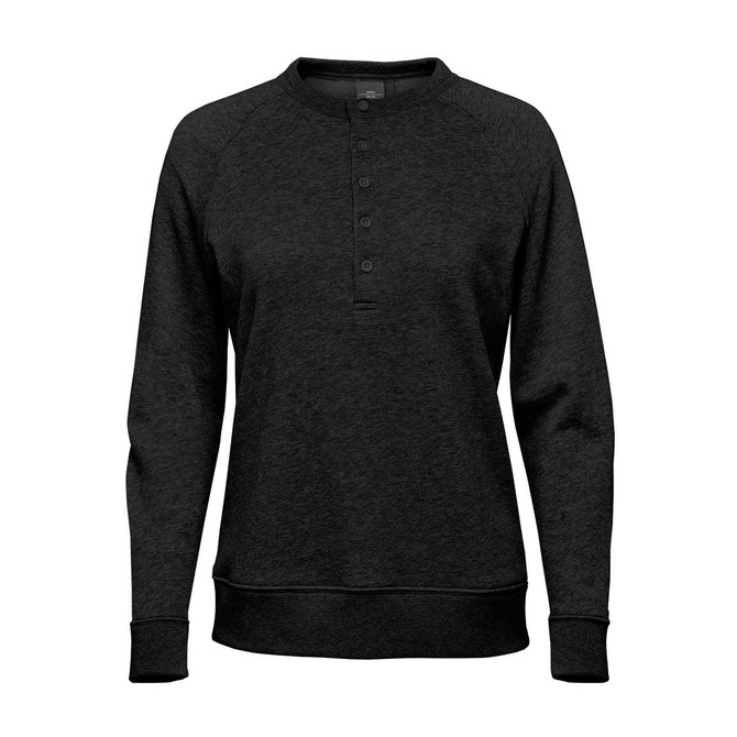 A black Women's Monashee Henley shirt featuring a button neckline and long sleeves. The fabric has a textured appearance.