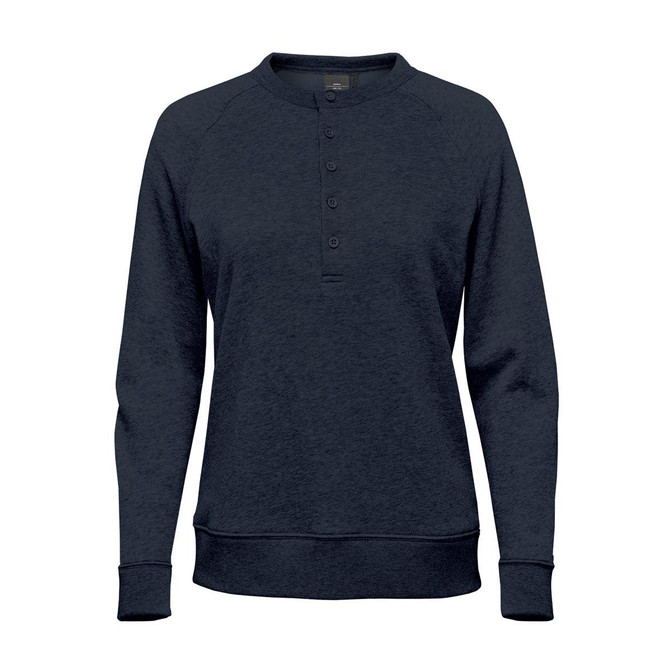 A navy blue women's henley shirt featuring a buttoned neckline and long sleeves. It has a small logo on the side.