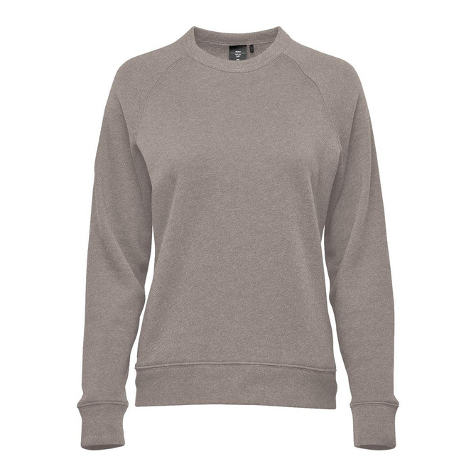 A grey women's crew neck fleece jumper with long sleeves and a ribbed hem, featuring a logo.