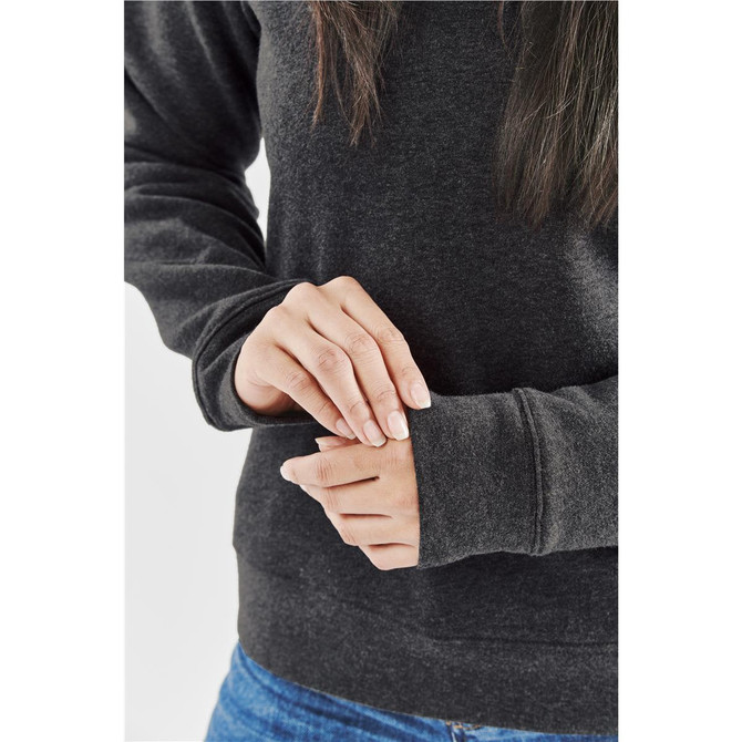 A dark grey fleece crew neck jumper with long sleeves, featuring a fitted wrist design.