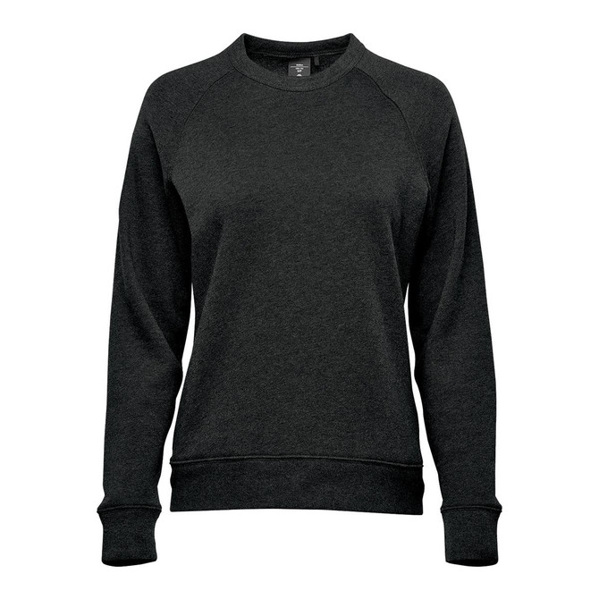 A women's crew neck jumper in dark grey fleece with ribbed cuffs and hem, featuring a small logo.