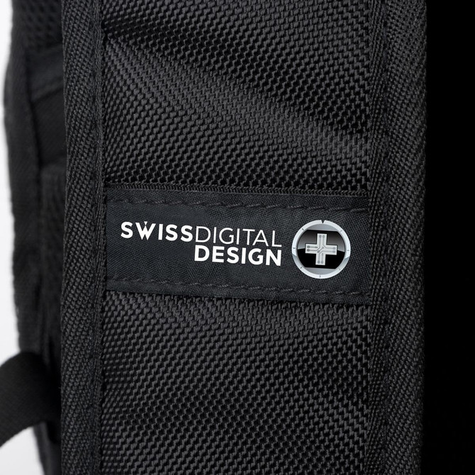 A black backpack with a textured surface and a logo on the side.