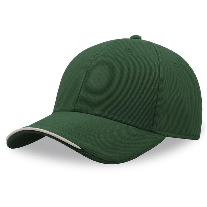 A green cap made from recycled polyester, featuring a slightly lighter coloured peak and a logo on the front.