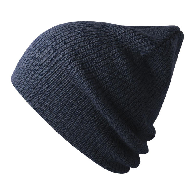 A navy beanie made from recycled polyester, featuring a ribbed texture and a simple design with a logo.
