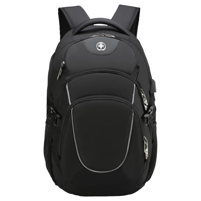 A black backpack featuring multiple compartments, zippers, and a logo on the front.