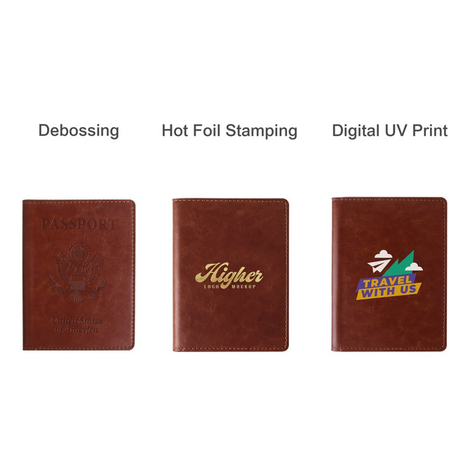 A PU leather passport holder in various designs, featuring dark brown tones and a logo on one version.