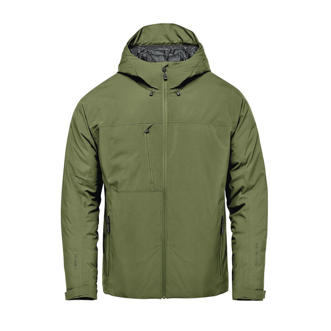 A green Men's Nostromo Thermal Shell jacket with a hood and a zip front, featuring a subtle logo on the sleeve.