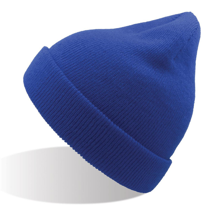 A blue beanie made from recycled polyester with a logo. Features a snug fit and a pointed top design.