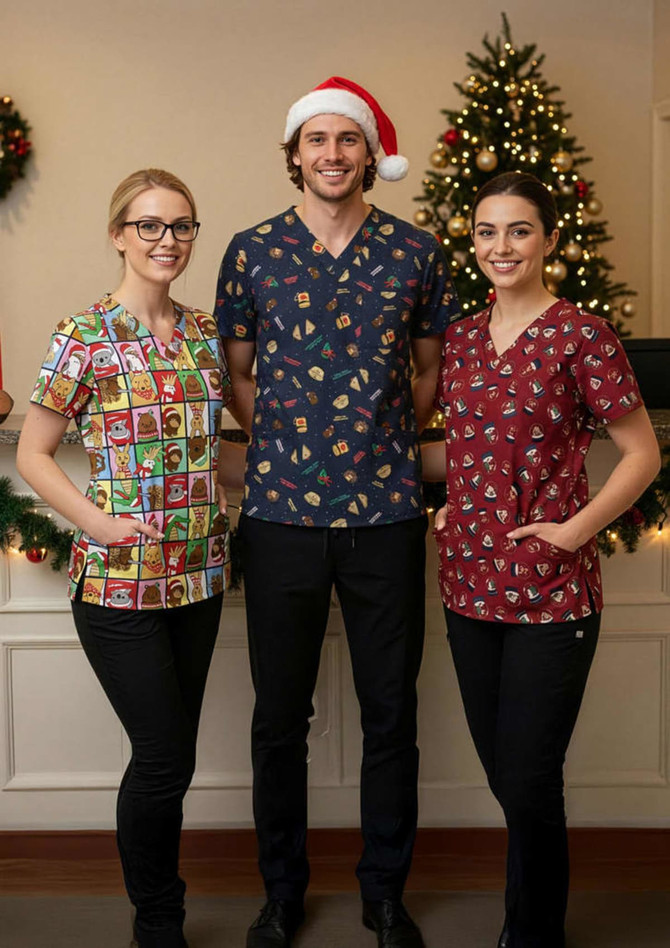 Three models wear festive unisex scrub tops in red, navy, and multicoloured designs, with a Christmas tree in the background.
