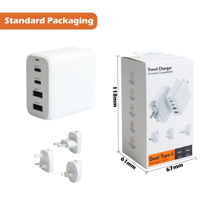 A white travel adapter with four USB ports and interchangeable plugs, packaged in a box featuring dimensions and branding.