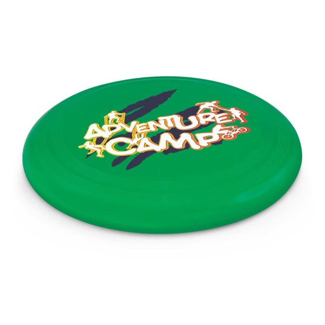 A green frisbee prominently featuring the text "ADVENTURE CAMP" in bold, colorful lettering.