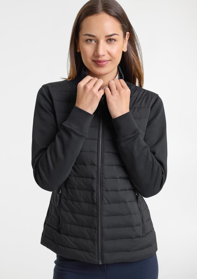 A black women's tailor jacket with a zip front and a quilted design, featuring a high collar and side pockets.