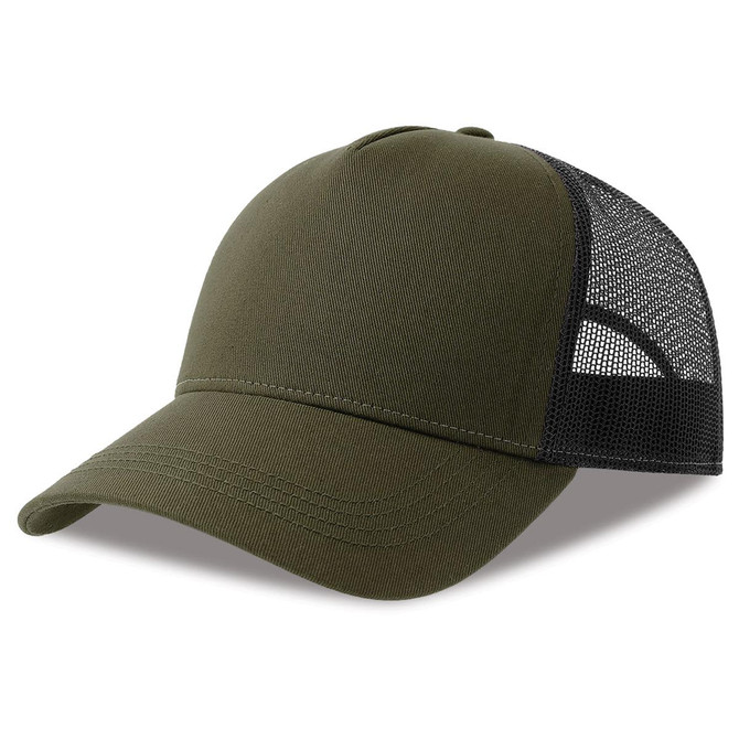 A trucker cap in olive green with a black mesh back and a curved brim, featuring a logo on the front.