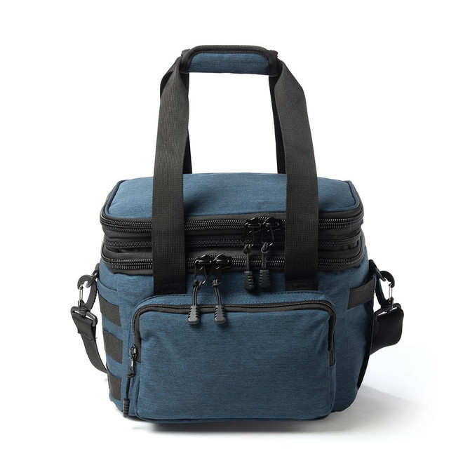 A blue cooler bag with dual zippers, carrying handles, and an adjustable shoulder strap. It features a front pocket and logo.