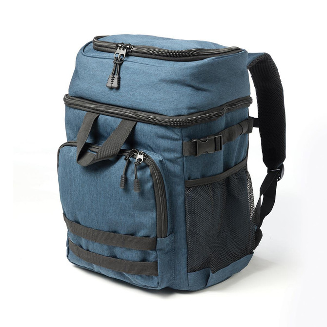A blue backpack cooler with zippers, straps, and a mesh pocket on the side. It features a sturdy design.