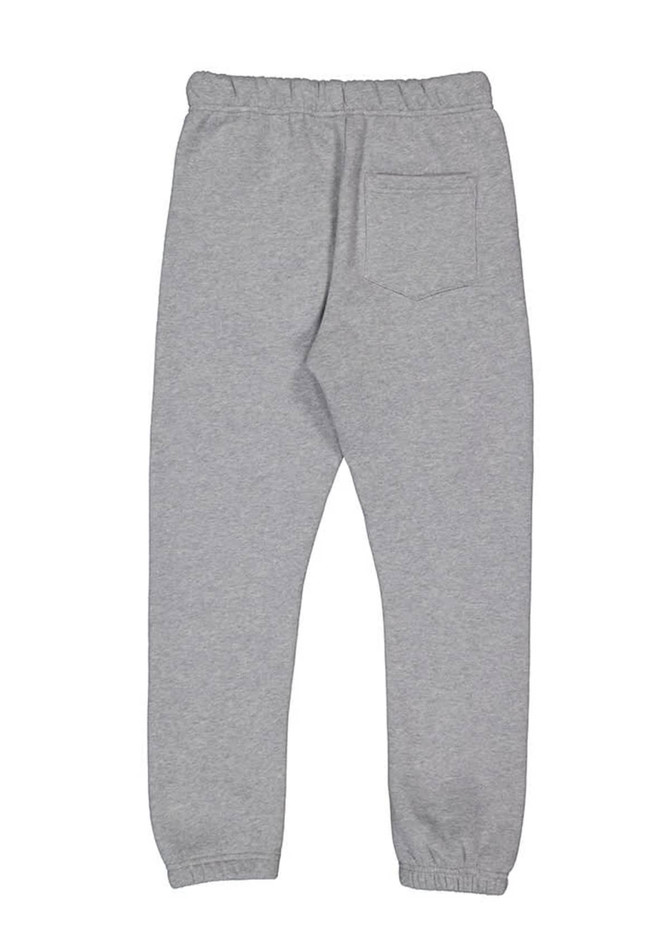 A pair of grey track pants featuring an elastic waistband and a back pocket. It has a logo on the fabric.