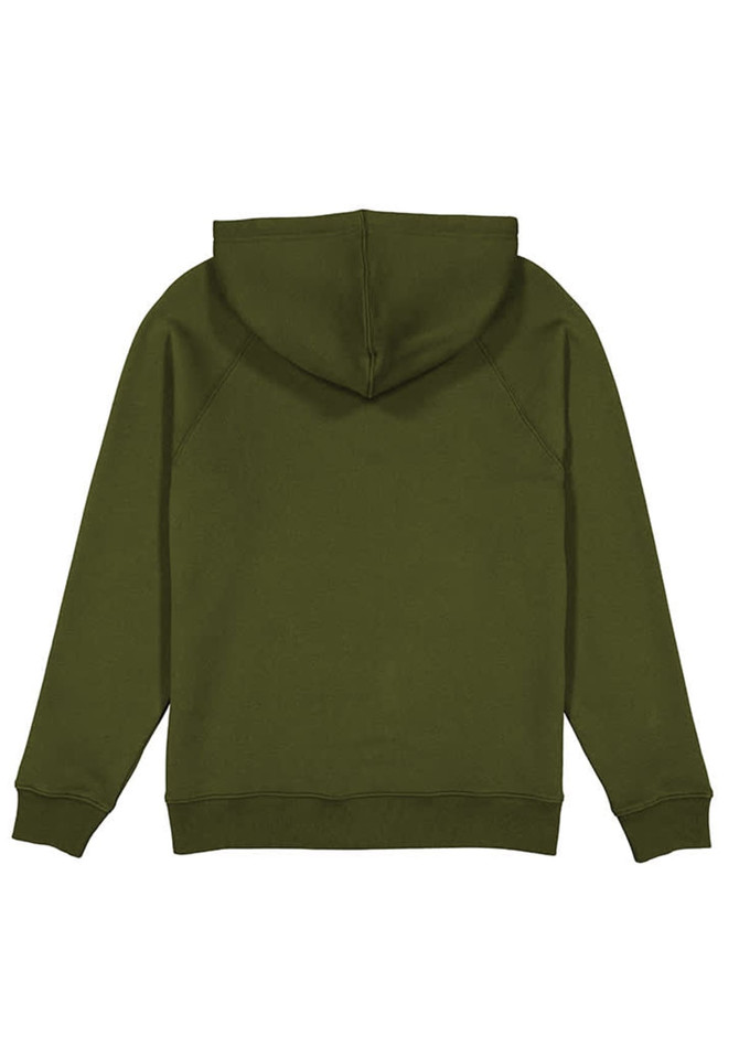 An olive green women's hoodie featuring a hood and ribbed cuffs, with a plain back and no visible branding.