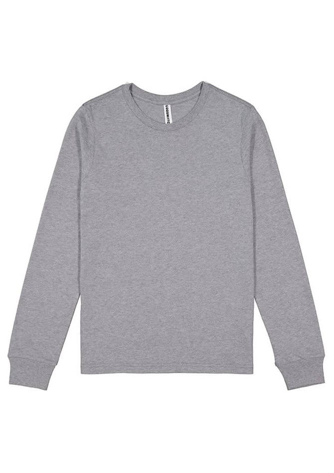 A grey long sleeve tee for women, features a round neck and has a logo on the label.