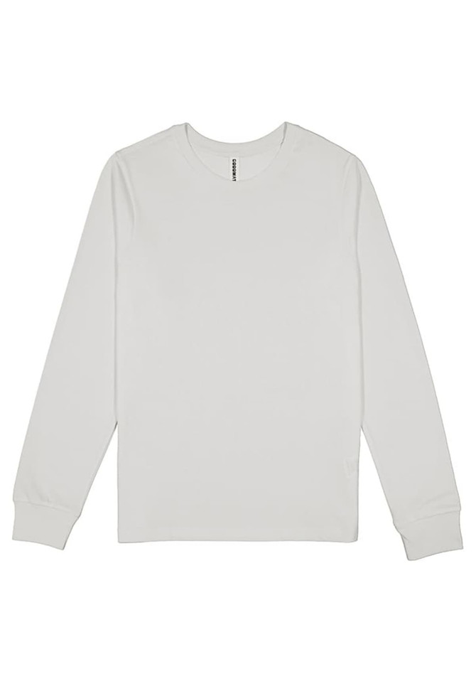 A long sleeve women's T-shirt in white, featuring a fitted design and a logo tag.