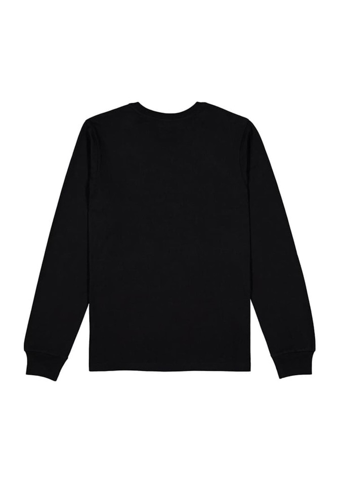A long-sleeve black women's T-shirt featuring a simple design and a logo on the back.