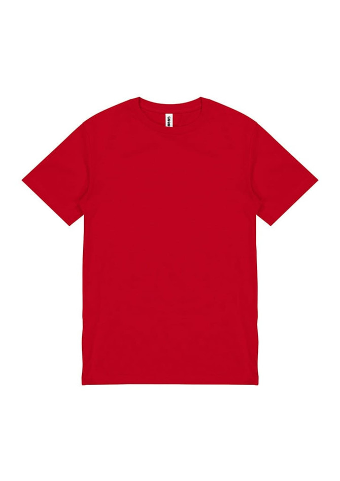A red short sleeve tee with a label inside and no visible graphics or branding.