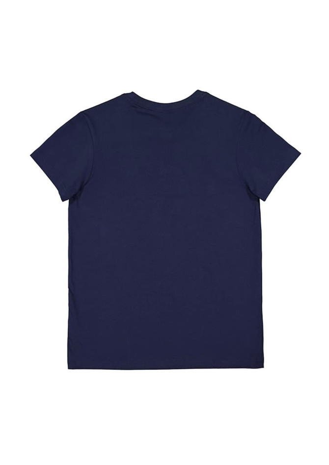 A navy blue short sleeve women's t-shirt featuring a simple design and a logo on the back.
