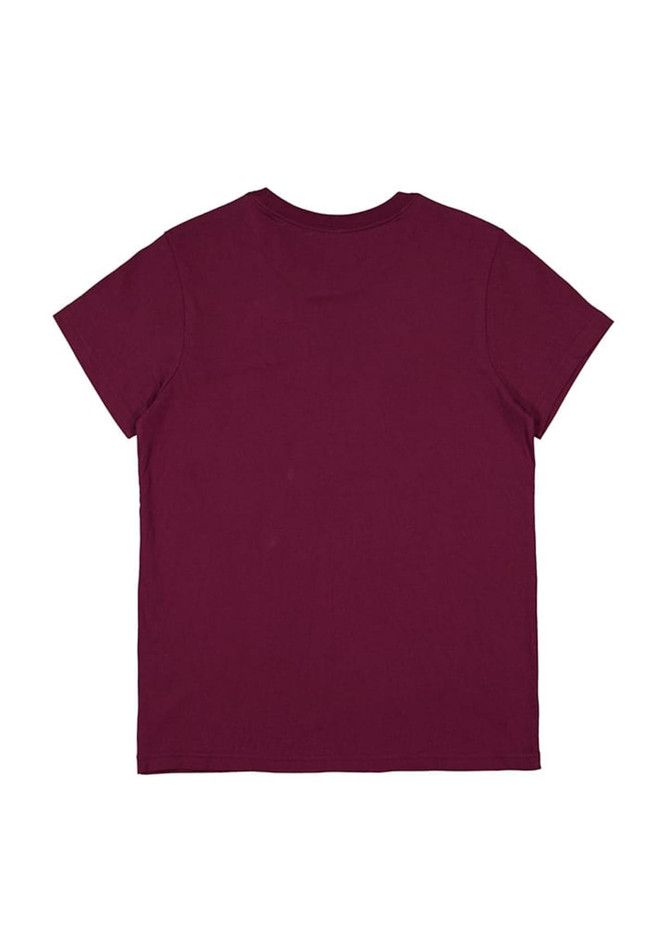 A burgundy women's short sleeve tee featuring a simple design and a logo on the back.