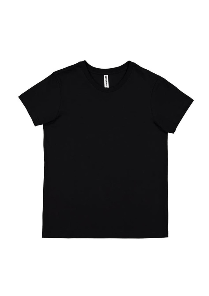 A black short sleeve women's t-shirt with a simple design and branding label.