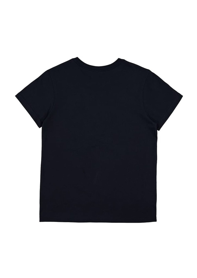 A navy blue short sleeve tee with a straight cut, featuring a simple design and a logo on the back.