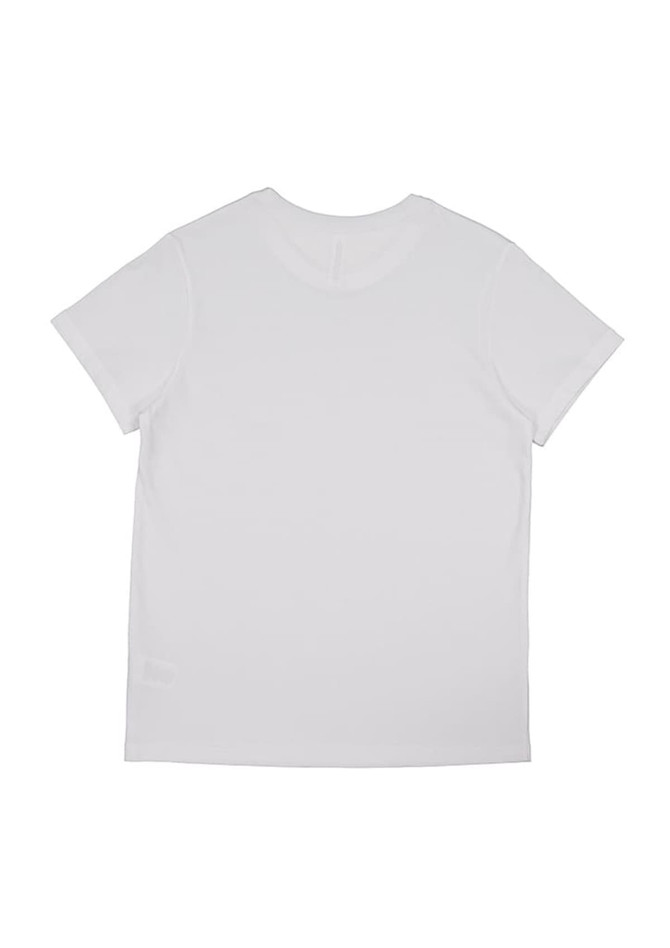 A white short sleeve women's T-shirt featuring a simple design and a logo.