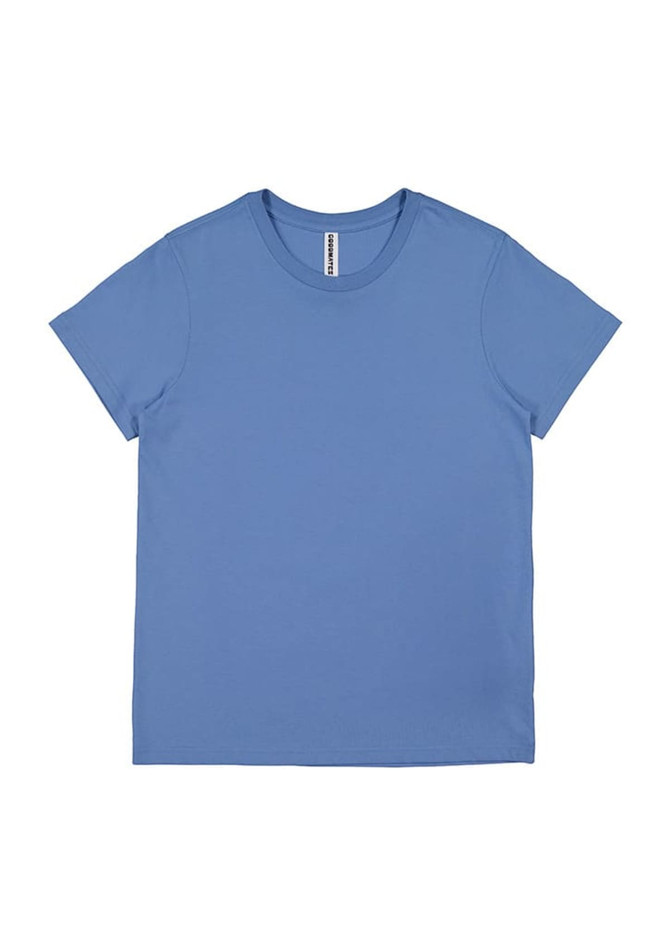 A blue women's short sleeve tee, featuring a round neckline and a label inside the collar.