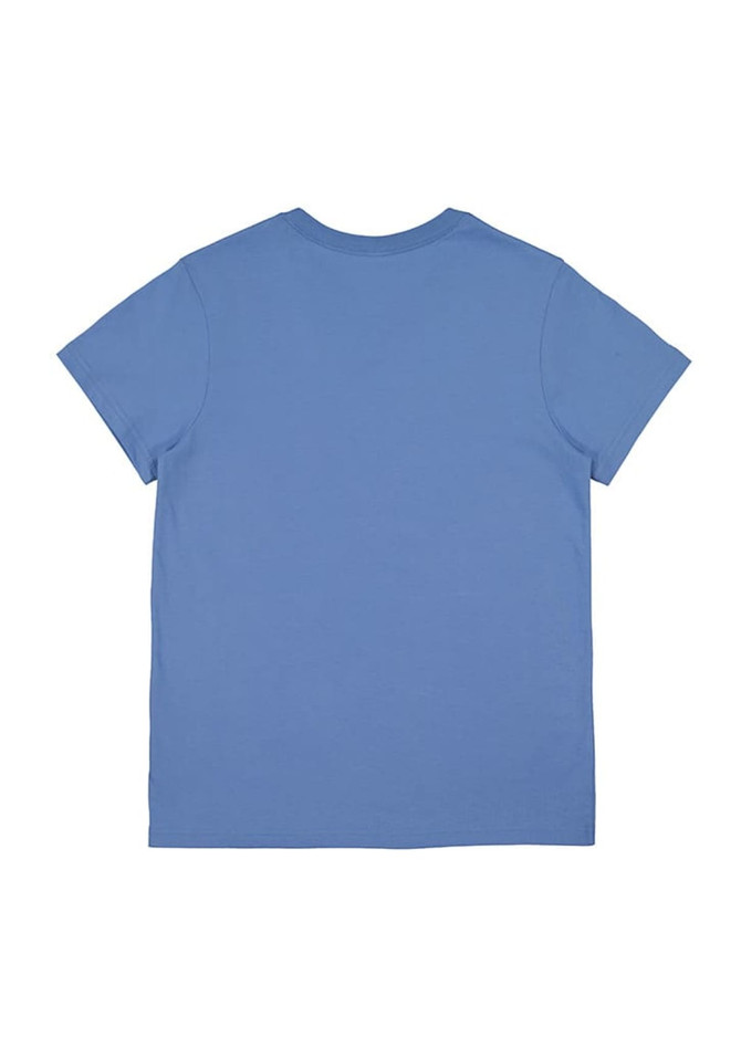 A blue women's short sleeve tee featuring a plain design and a logo on the back.