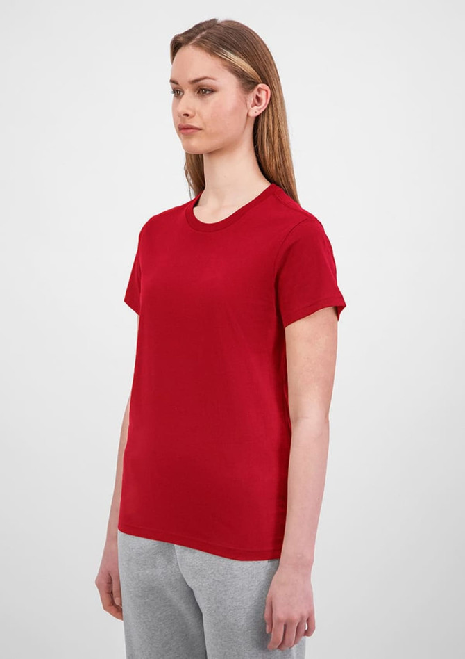 A red short sleeve women's t-shirt displayed on a mannequin, featuring a simple design and a logo.