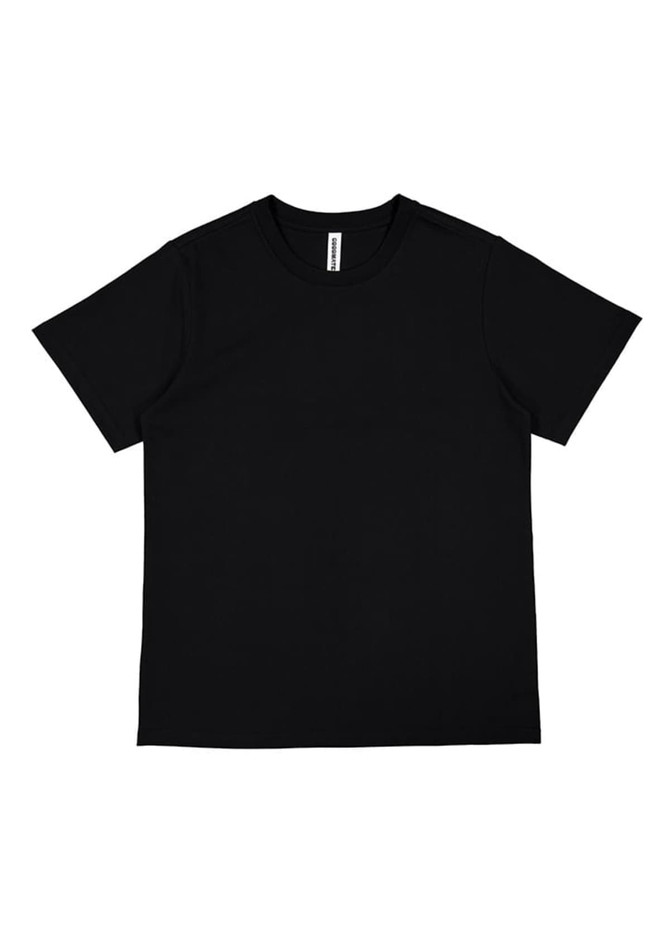A black women's short sleeve tee with a simple design and a brand tag.