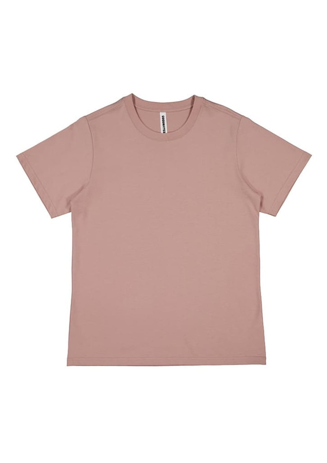 A short sleeve tee in a soft mauve colour with a label and no visible graphics.