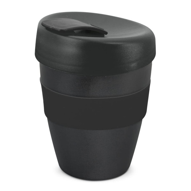 A drink bottle in dark green and black with a lid and a band around the middle. It features a logo.
